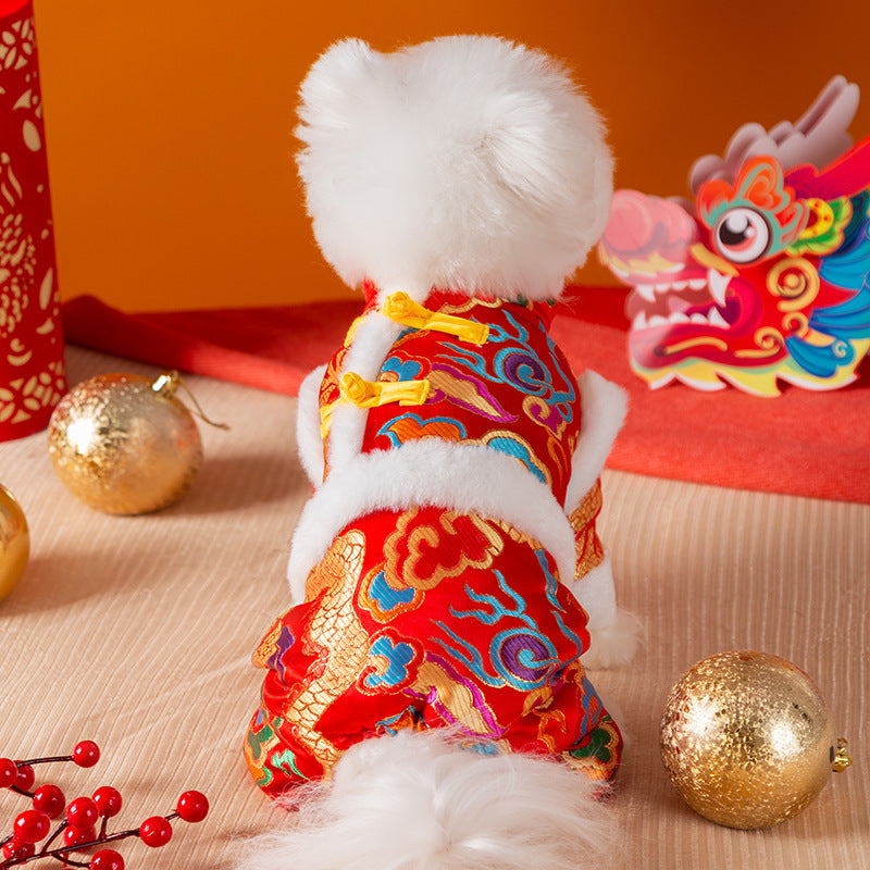 Autumn And Winter Xiangyun Jinlong Dog New Year Four-legged Cotton Coat, Tang Suit, Warm And Thick Pet New Year Dog Clothes