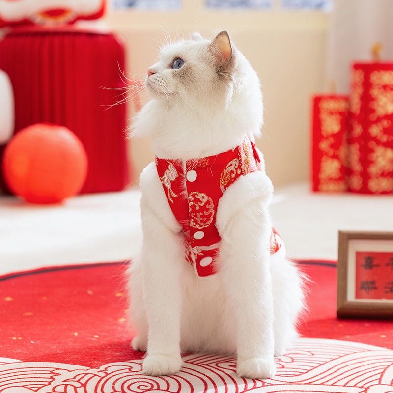 Autumn And Winter New Year's Clothes For Cats And Dogs, Festive Chinese-style Brocade Two-legged Cotton-padded Jackets, Blue Cat And Kitten Tang Suits And Vests